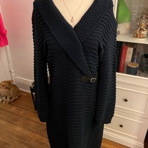 Calvin Klein Cowl Neck Cable Knit Sweater Dress with Faux Belt.